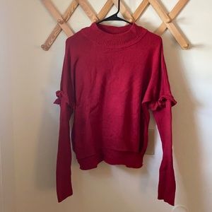 Red High Neck Sweater with Ruffle Sleeve detail